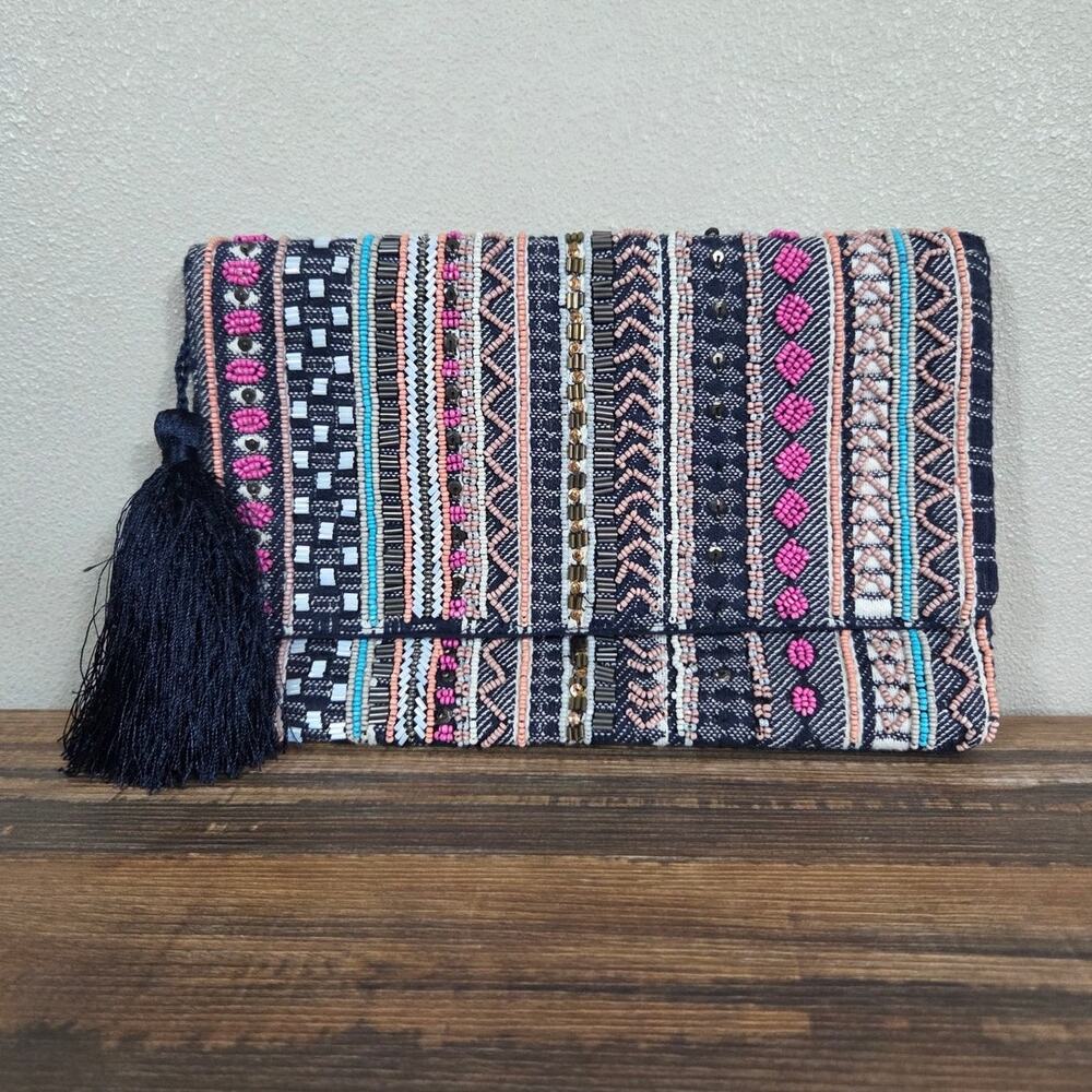 La Sera by Franchi Blue & Pink Beaded Boho Clutch with Tassel